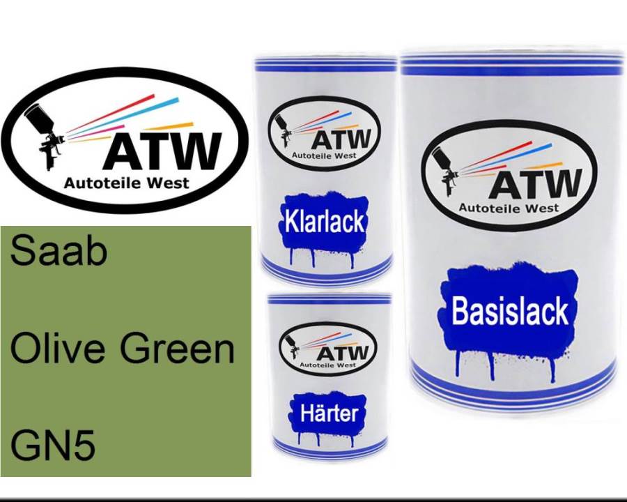 Saab, Olive Green, GN5: 500ml Lackdose + 500ml Klarlack + 250ml Härter - Set, von ATW Autoteile West.